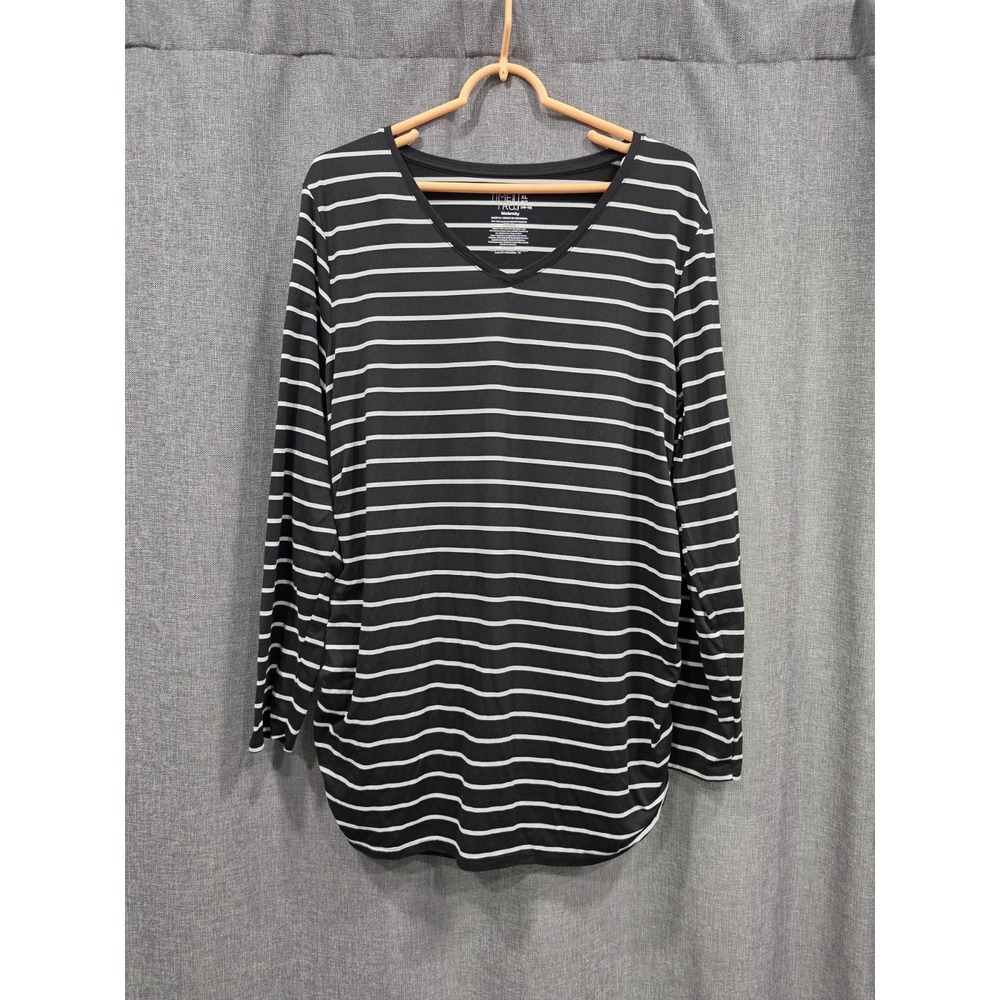 Time and Tru Maternity XL 16-18 Black White Stripe Long Sleeve Ruched Top
